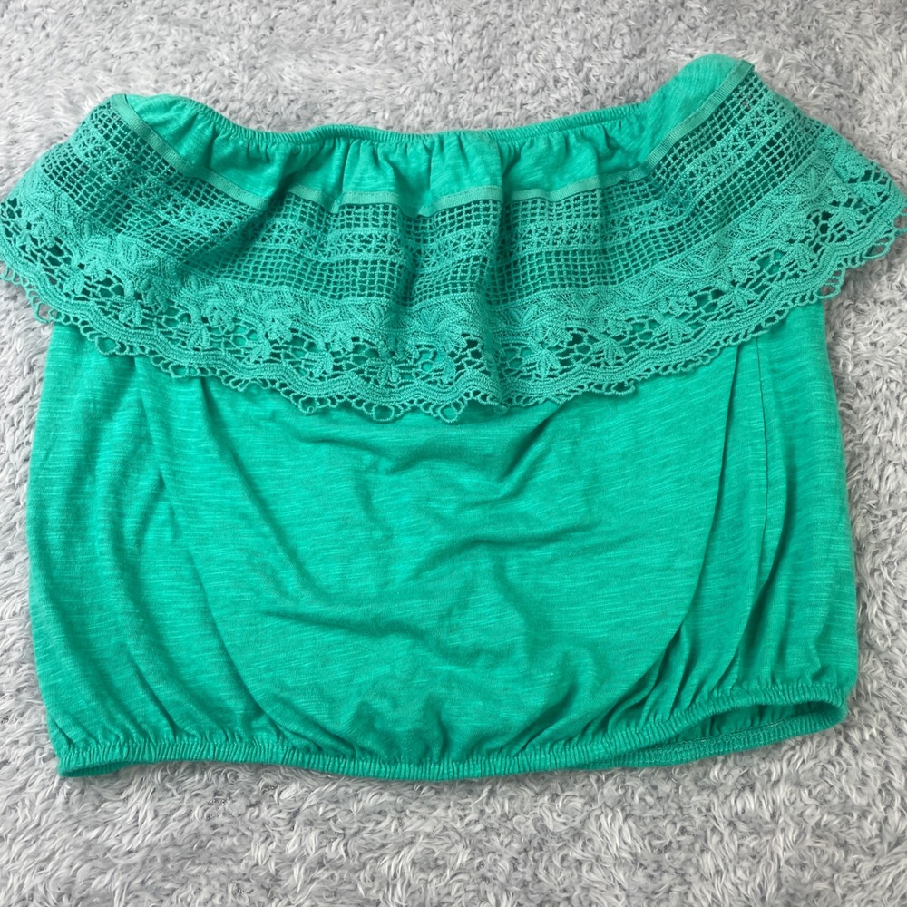 Wet Seal Tube Top Womens L Green Crochet Lace Ruffle Cotton Coquette Boho